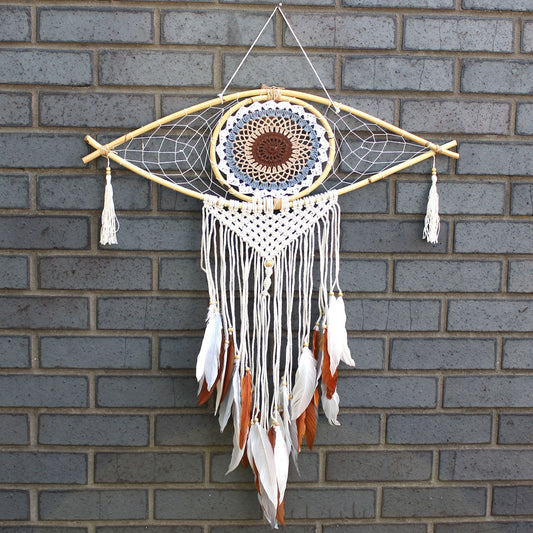 Handcrafted Macrame and Rattan Protection Dreamcatcher - Large / Evil Eye / White, Grey and Brown product packaging on clean background from Quintessential Holistic Health Ltd
