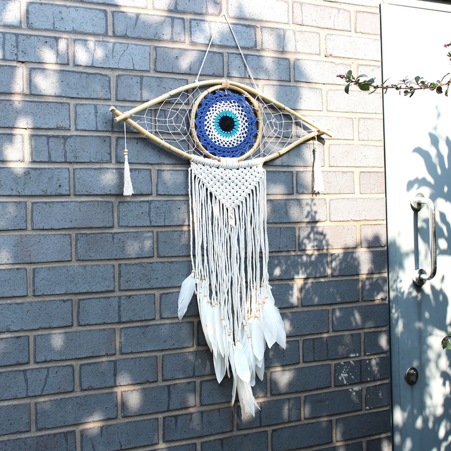 Handcrafted Macrame and Rattan Protection Dreamcatcher - Large / Evil Eye / White, Grey and Brown product packaging on clean background from Quintessential Holistic Health Ltd
