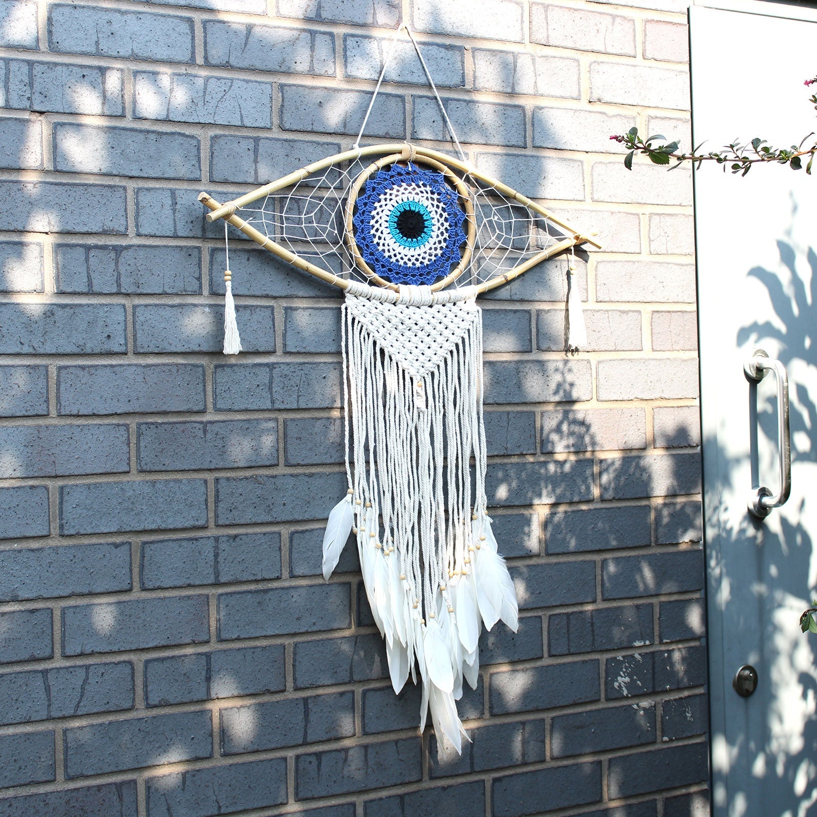 Handcrafted Macrame and Rattan Protection Dreamcatcher - Large / Evil Eye / White, Grey and Brown product packaging on clean background from Quintessential Holistic Health Ltd