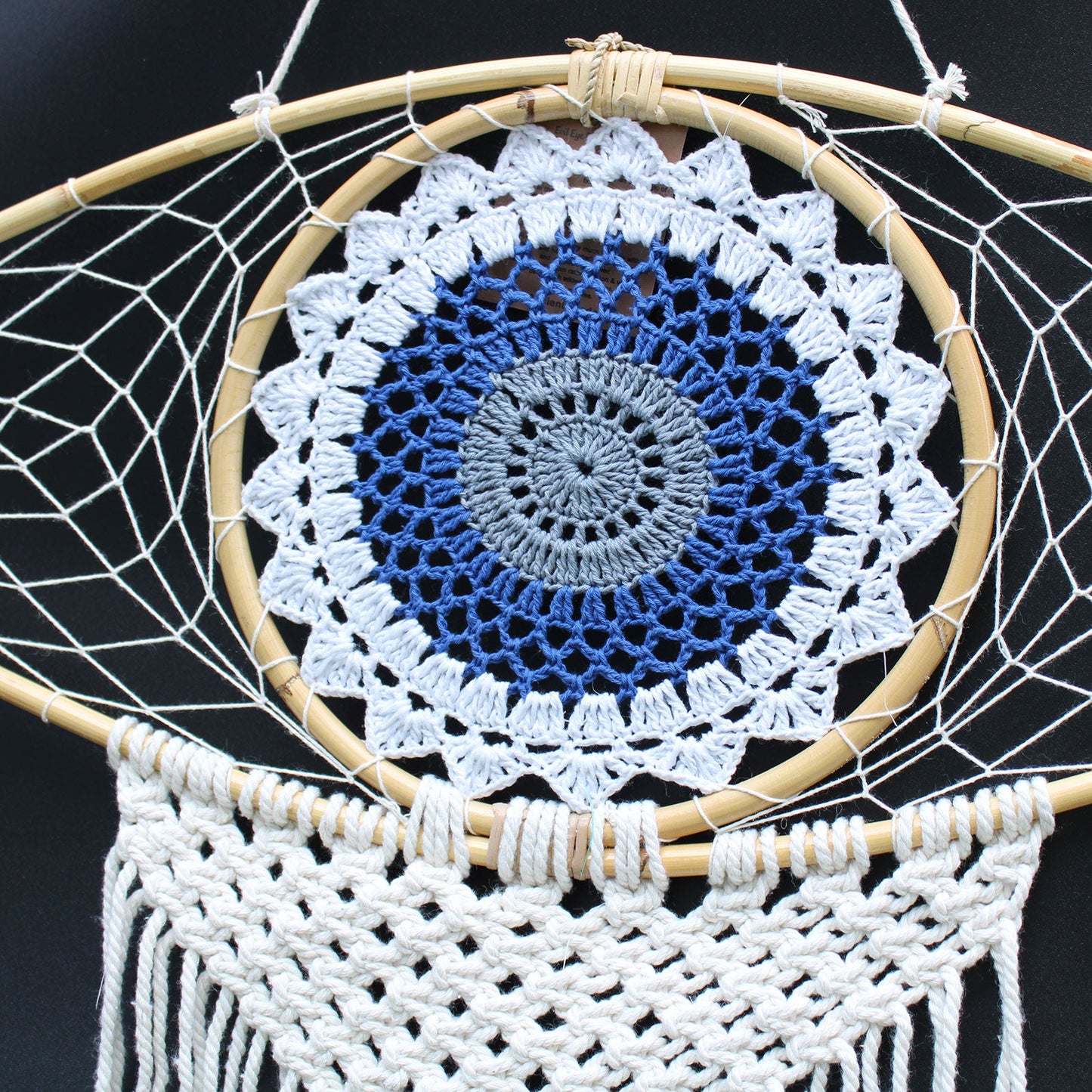 Handcrafted Macrame and Rattan Protection Dreamcatcher - Large / Evil Eye / White, Blue and Grey product packaging on clean background from Quintessential Holistic Health Ltd