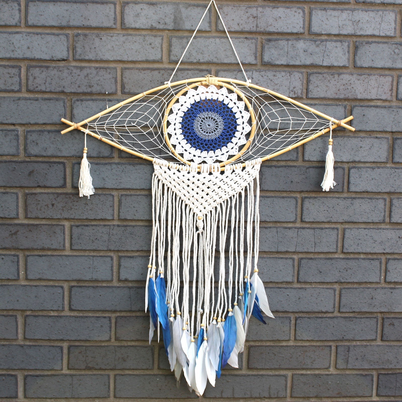 Handcrafted Macrame and Rattan Protection Dreamcatcher - Large / Evil Eye / White, Blue and Grey product packaging on clean background from Quintessential Holistic Health Ltd