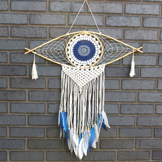 Handcrafted Macrame and Rattan Protection Dreamcatcher - Large / Evil Eye / White, Blue and Grey product packaging on clean background from Quintessential Holistic Health Ltd
