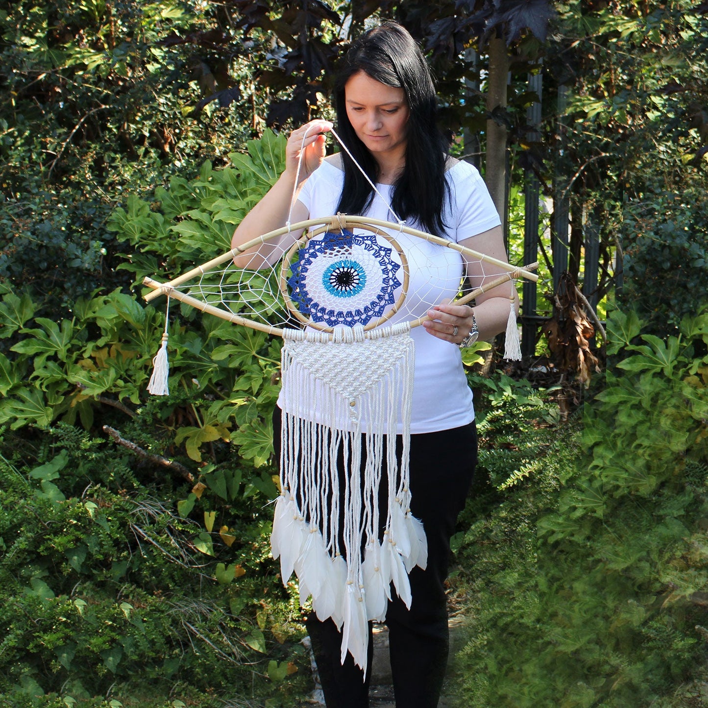Handcrafted Macrame and Rattan Protection Dreamcatcher - Large / Evil Eye / Blue, White and Pink product packaging on clean background from Quintessential Holistic Health Ltd