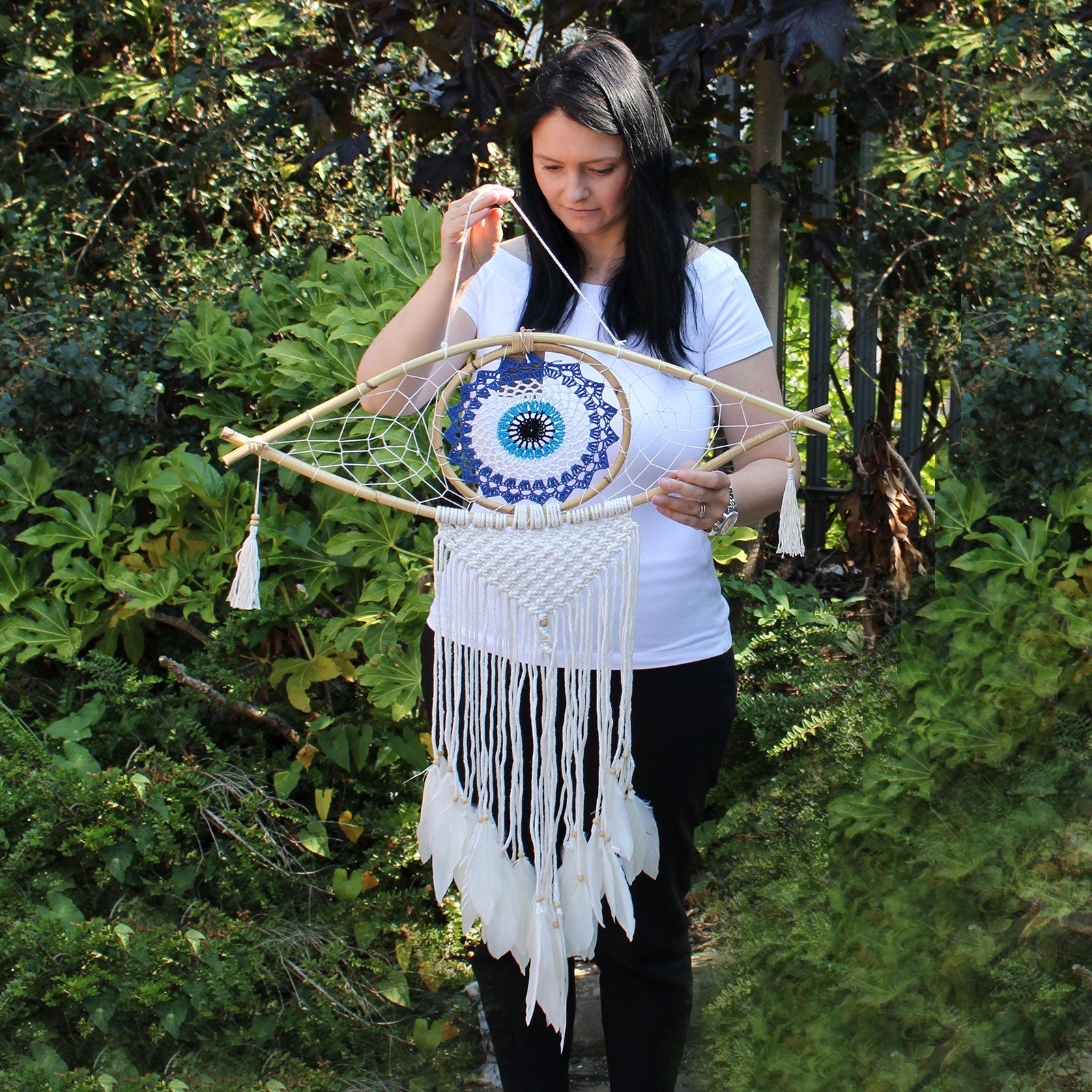 Handcrafted Macrame and Rattan Protection Dreamcatcher - Large / Evil Eye / Blue, White and Pink product packaging on clean background from Quintessential Holistic Health Ltd