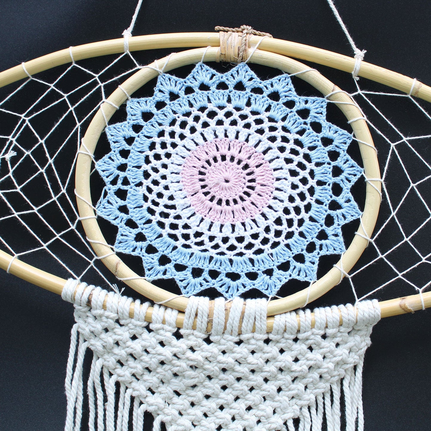 Handcrafted Macrame and Rattan Protection Dreamcatcher - Large / Evil Eye / Blue, White and Pink product packaging on clean background from Quintessential Holistic Health Ltd