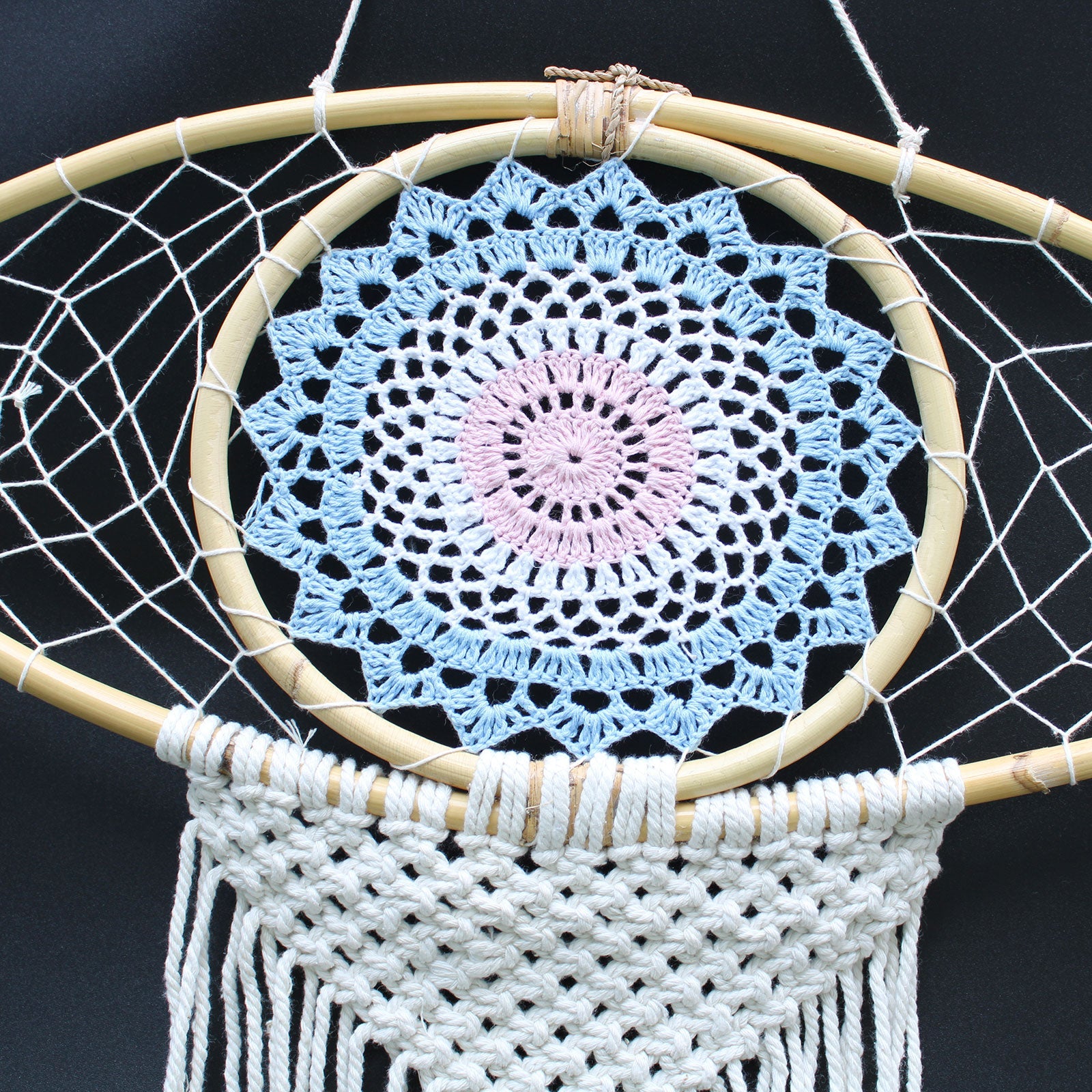 Handcrafted Macrame and Rattan Protection Dreamcatcher - Large / Evil Eye / Blue, White and Pink product packaging on clean background from Quintessential Holistic Health Ltd