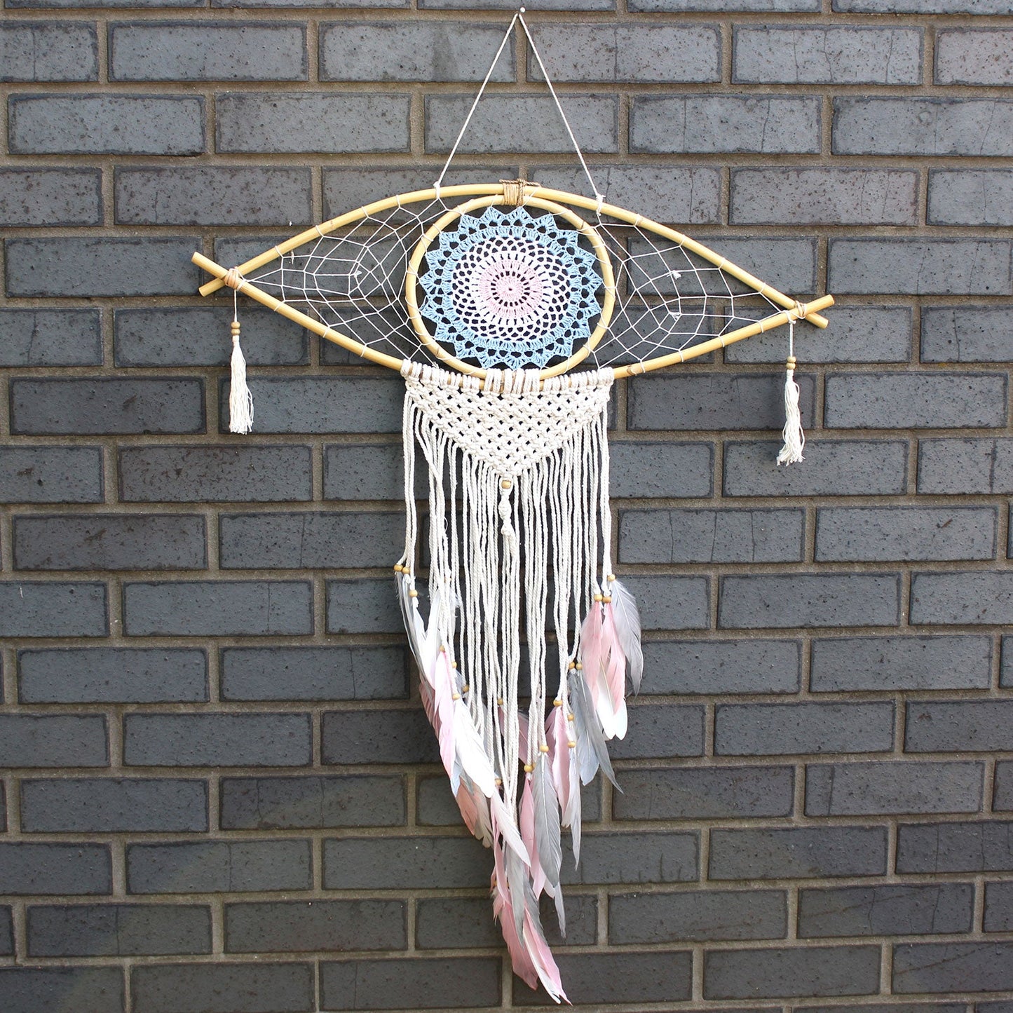 Handcrafted Macrame and Rattan Protection Dreamcatcher - Large / Evil Eye / Blue, White and Pink product packaging on clean background from Quintessential Holistic Health Ltd