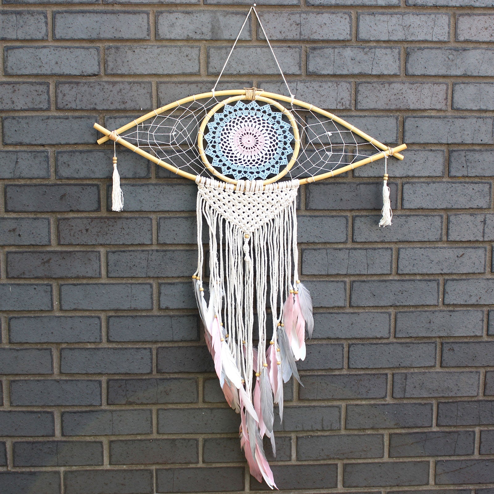 Handcrafted Macrame and Rattan Protection Dreamcatcher - Large / Evil Eye / Blue, White and Pink product packaging on clean background from Quintessential Holistic Health Ltd