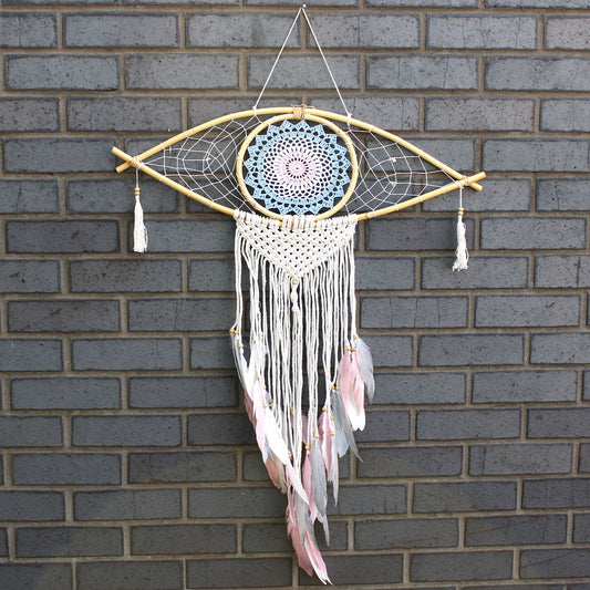 Handcrafted Macrame and Rattan Protection Dreamcatcher - Large / Evil Eye / Blue, White and Pink product packaging on clean background from Quintessential Holistic Health Ltd