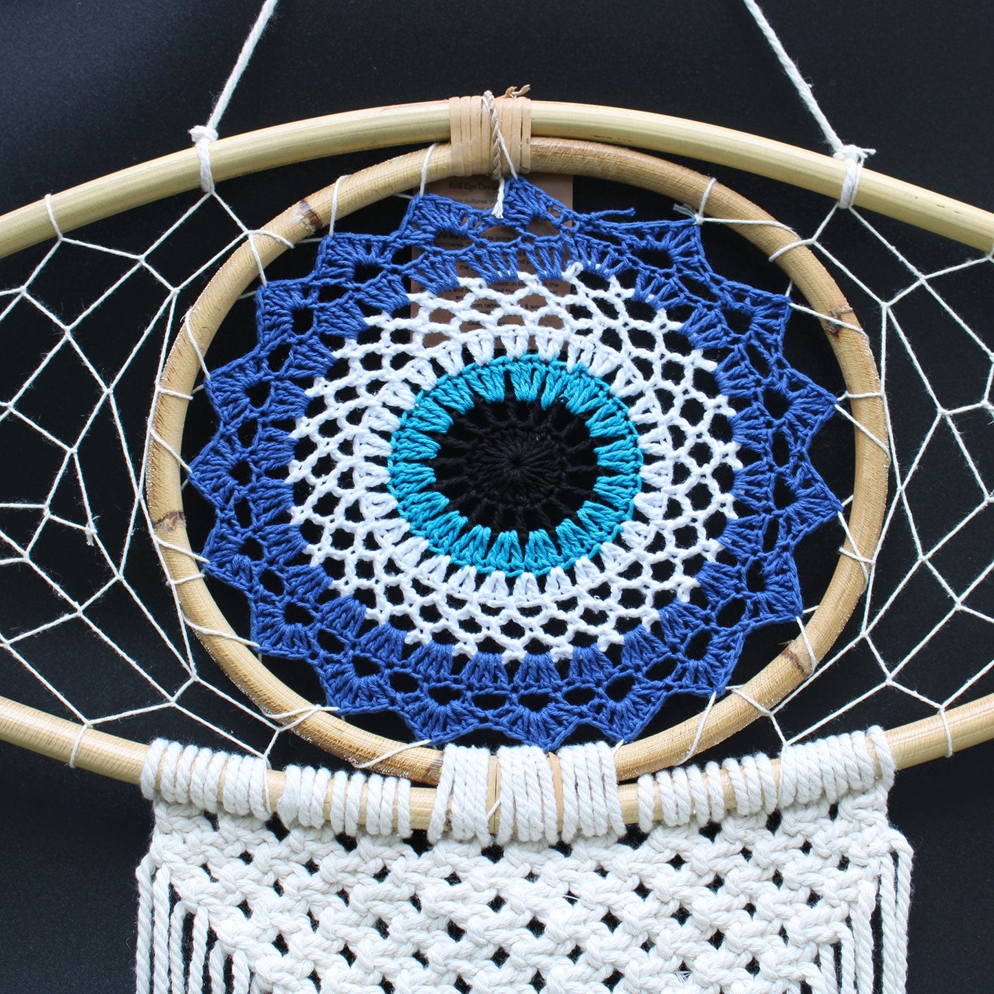 Handcrafted Macrame and Rattan Protection Dreamcatcher - Large / Evil Eye / Blue, White and Black product packaging on clean background from Quintessential Holistic Health Ltd