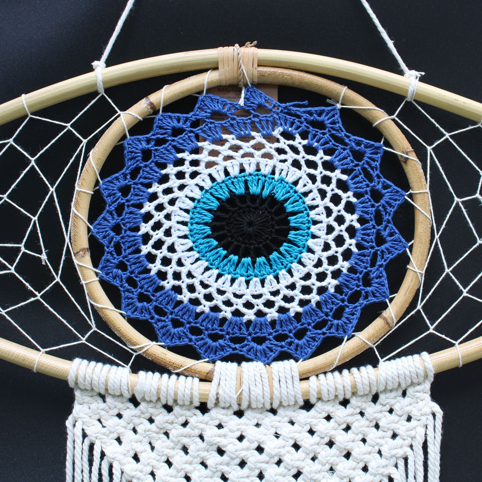 Handcrafted Macrame and Rattan Protection Dreamcatcher - Large / Evil Eye / Blue, White and Black product packaging on clean background from Quintessential Holistic Health Ltd