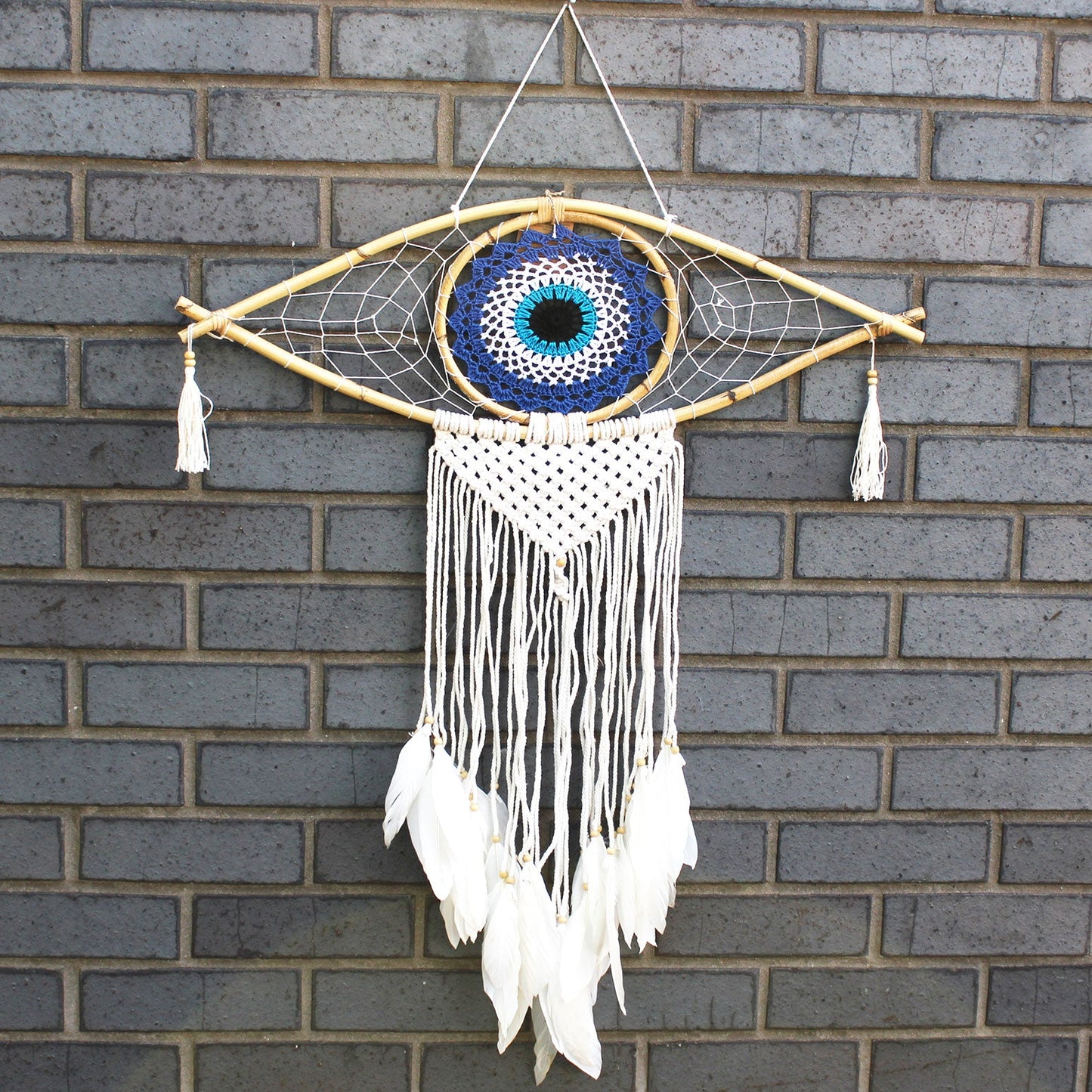 Handcrafted Macrame and Rattan Protection Dreamcatcher - Large / Evil Eye / Blue, White and Black product packaging on clean background from Quintessential Holistic Health Ltd