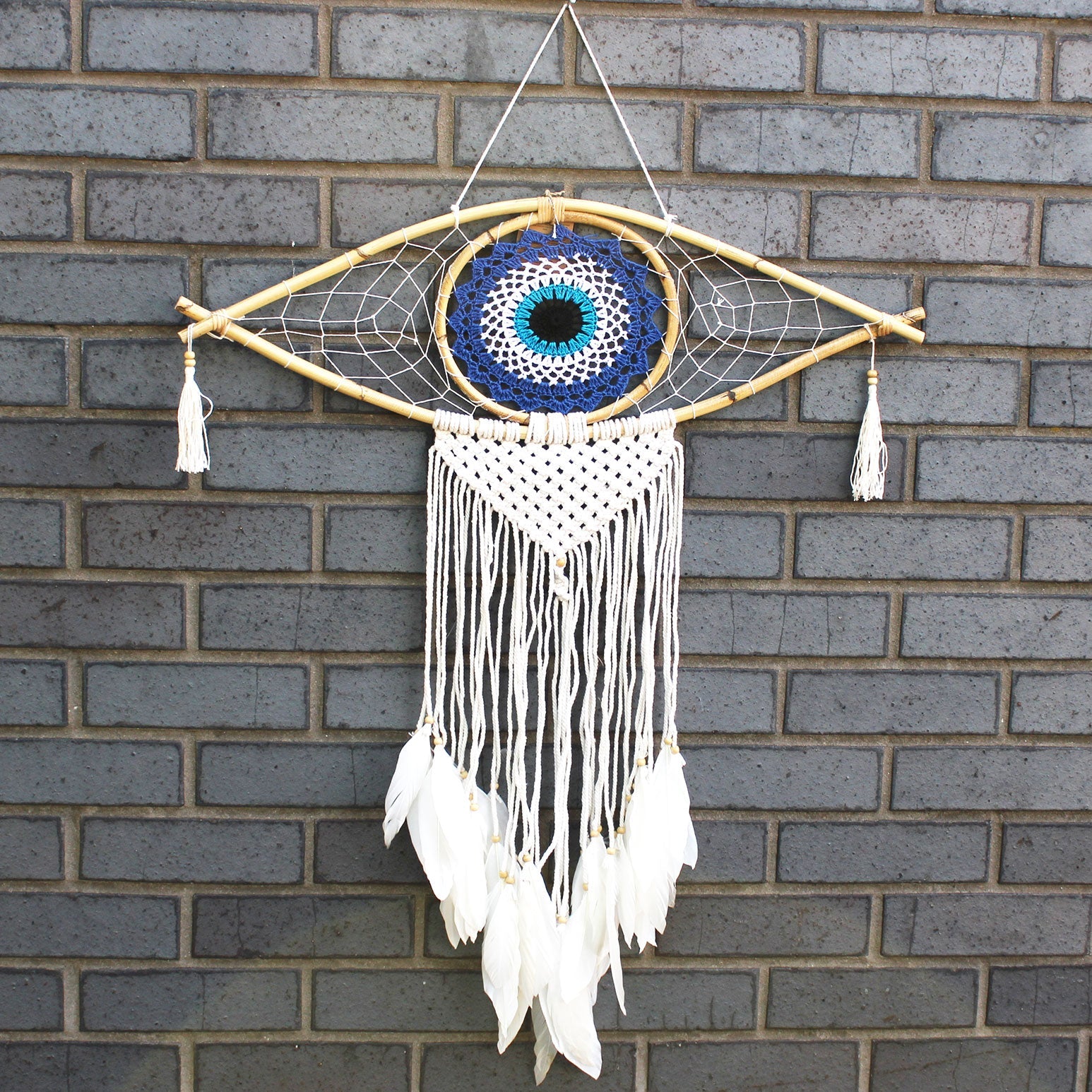 Handcrafted Macrame and Rattan Protection Dreamcatcher - Large / Evil Eye / Blue, White and Black product packaging on clean background from Quintessential Holistic Health Ltd