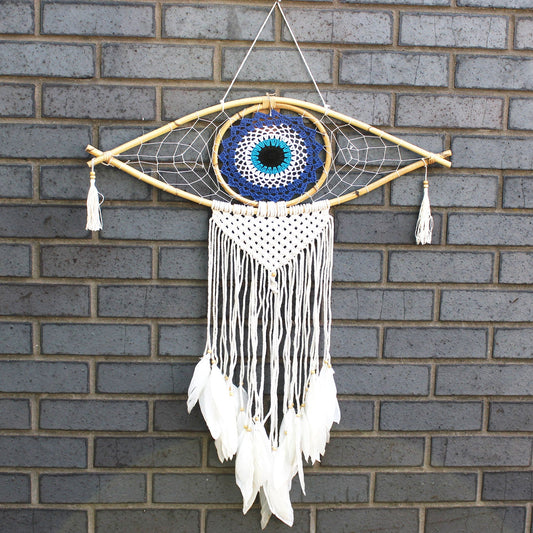 Handcrafted Macrame and Rattan Protection Dreamcatcher - Large / Evil Eye / Blue, White and Black product packaging on clean background from Quintessential Holistic Health Ltd