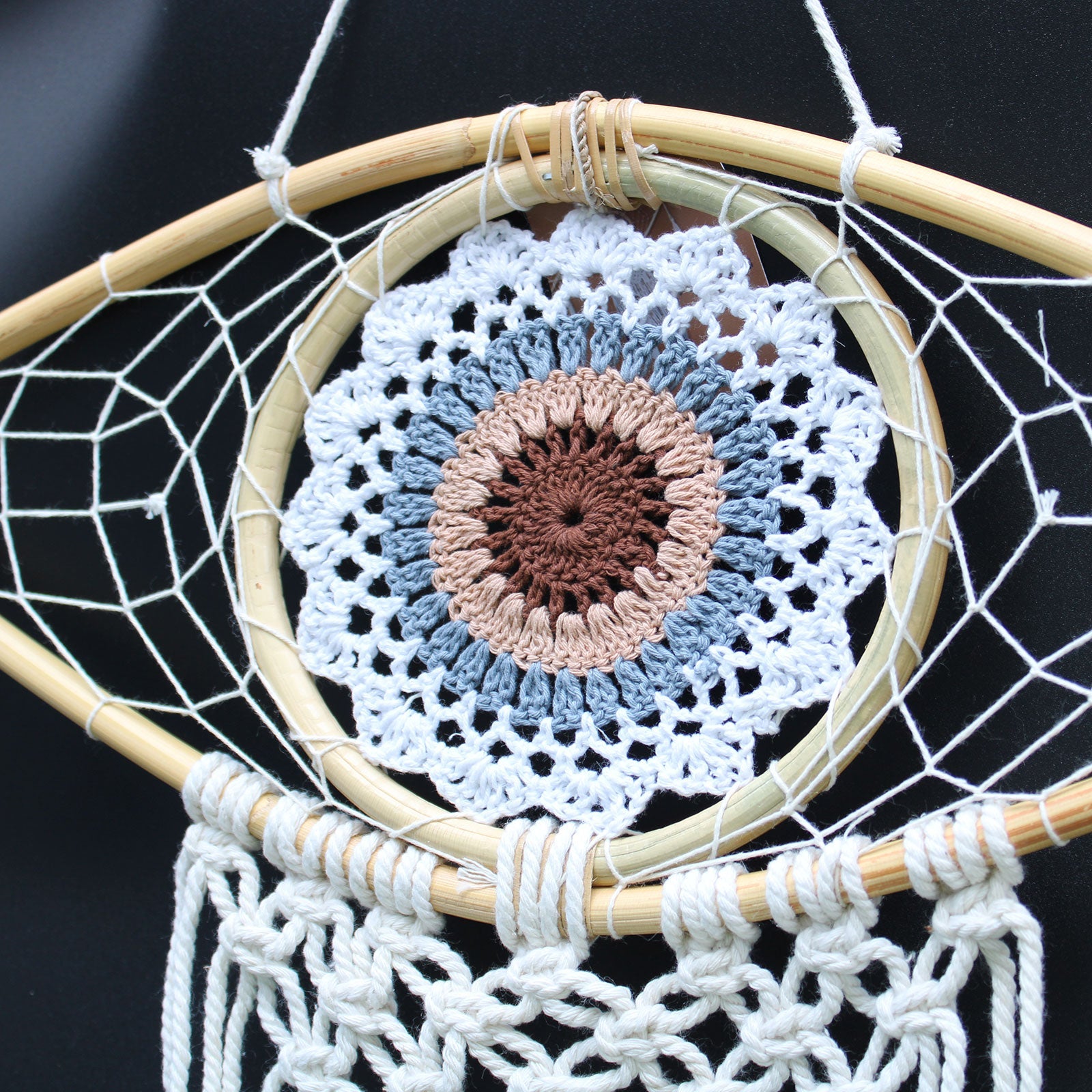 Handcrafted Macrame and Rattan Protection Dreamcatcher - Medium / Evil Eye / White, Grey and Brown product packaging on clean background from Quintessential Holistic Health Ltd