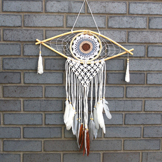 Handcrafted Macrame and Rattan Protection Dreamcatcher - Medium / Evil Eye / White, Grey and Brown product packaging on clean background from Quintessential Holistic Health Ltd