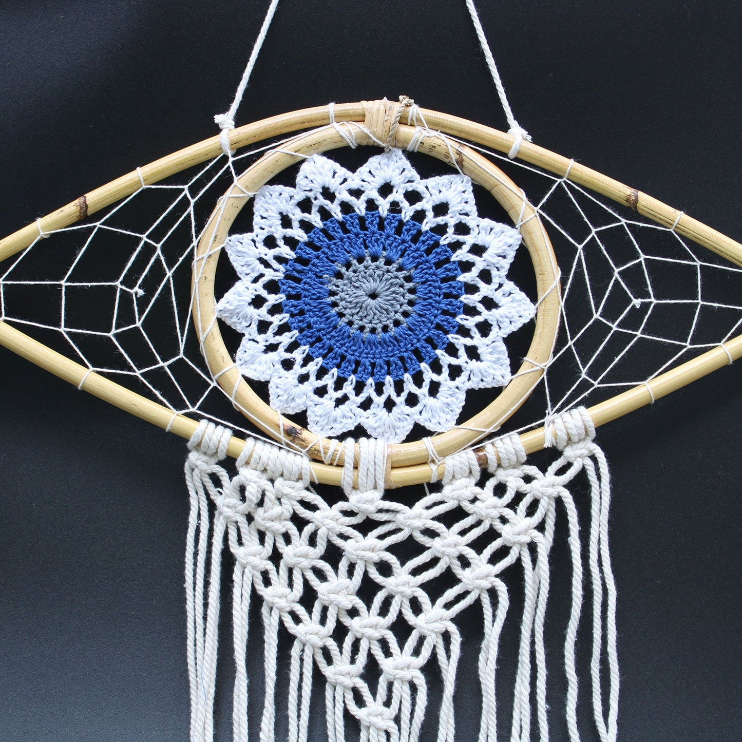 Handcrafted Macrame and Rattan Protection Dreamcatcher - Medium / Evil Eye / White, Blue and Grey product packaging on clean background from Quintessential Holistic Health Ltd