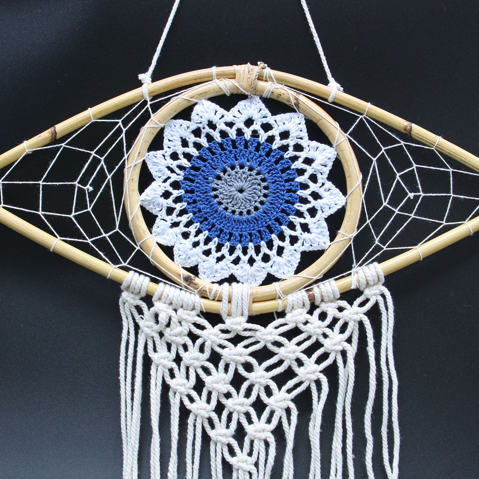 Handcrafted Macrame and Rattan Protection Dreamcatcher - Medium / Evil Eye / White, Blue and Grey product packaging on clean background from Quintessential Holistic Health Ltd