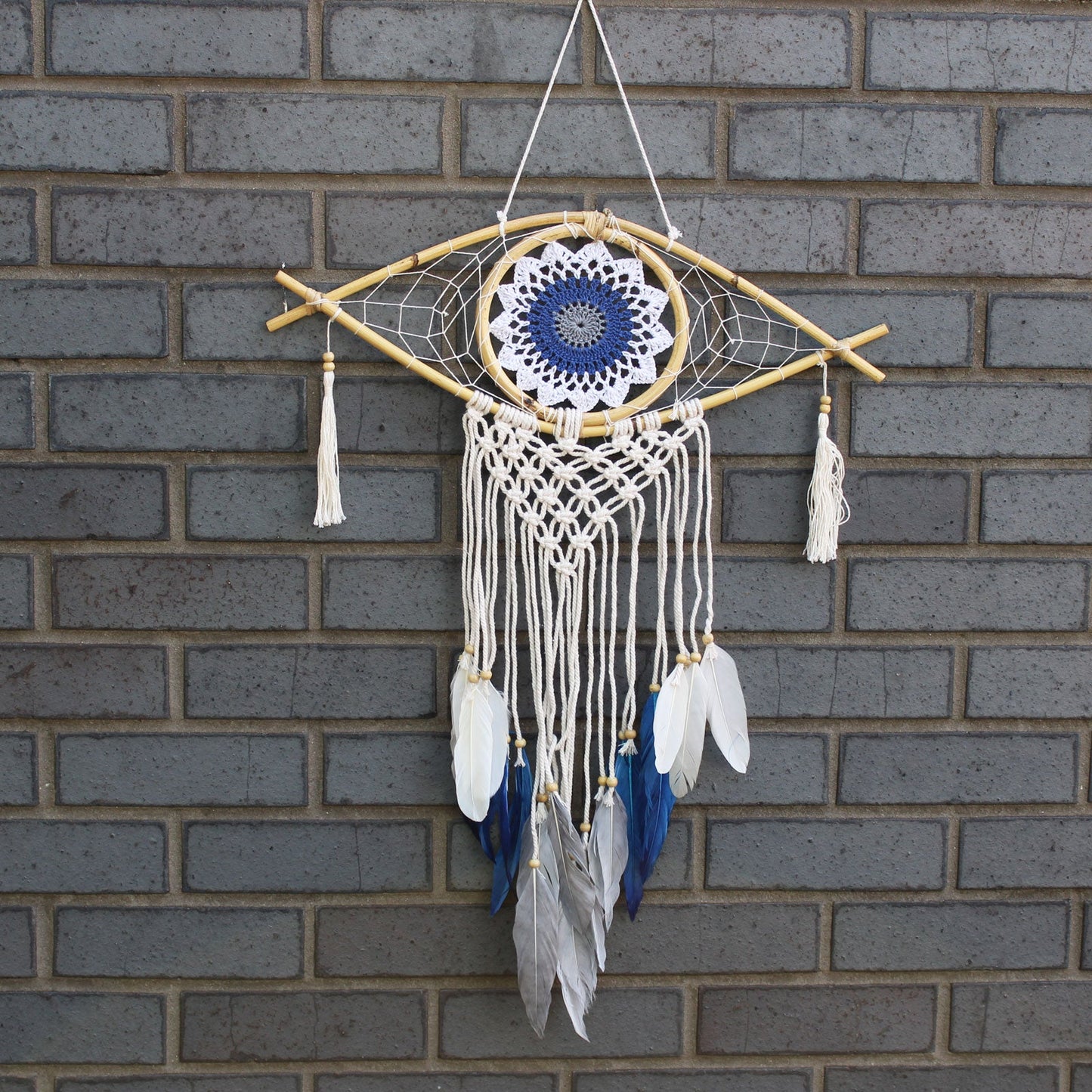 Handcrafted Macrame and Rattan Protection Dreamcatcher - Medium / Evil Eye / White, Blue and Grey product packaging on clean background from Quintessential Holistic Health Ltd