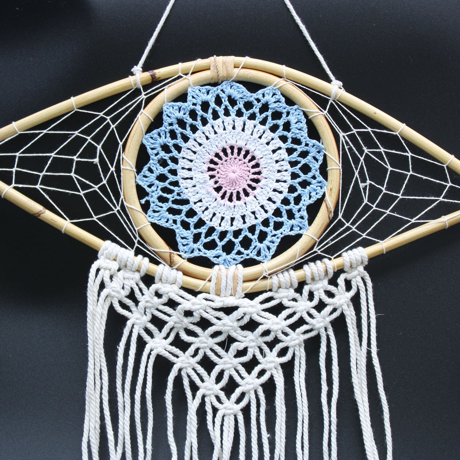 Handcrafted Macrame and Rattan Protection Dreamcatcher - Medium / Evil Eye / Blue, White and Pink product packaging on clean background from Quintessential Holistic Health Ltd