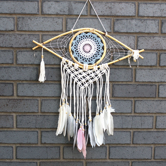 Handcrafted Macrame and Rattan Protection Dreamcatcher - Medium / Evil Eye / Blue, White and Pink product packaging on clean background from Quintessential Holistic Health Ltd