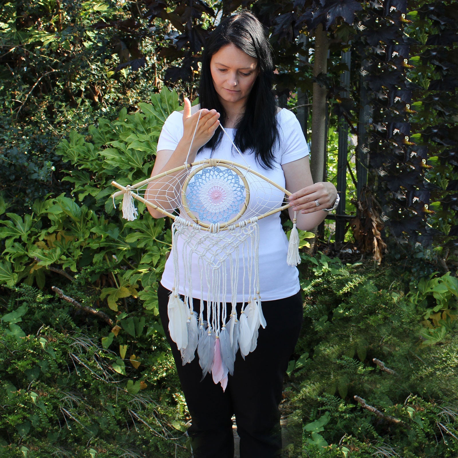 Handcrafted Macrame and Rattan Protection Dreamcatcher - Medium / Evil Eye / Blue, White and Black product packaging on clean background from Quintessential Holistic Health Ltd