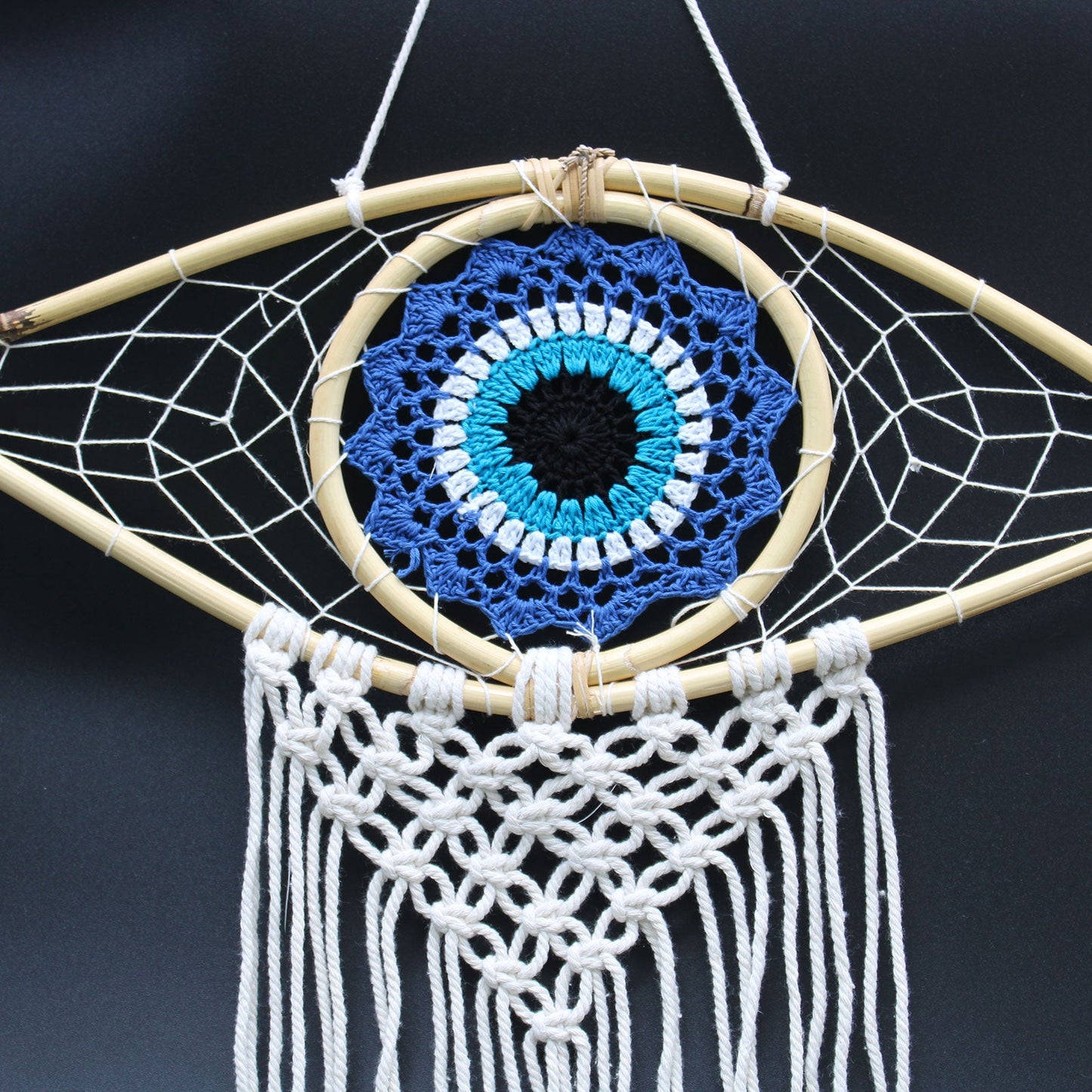 Handcrafted Macrame and Rattan Protection Dreamcatcher - Medium / Evil Eye / Blue, White and Black product packaging on clean background from Quintessential Holistic Health Ltd