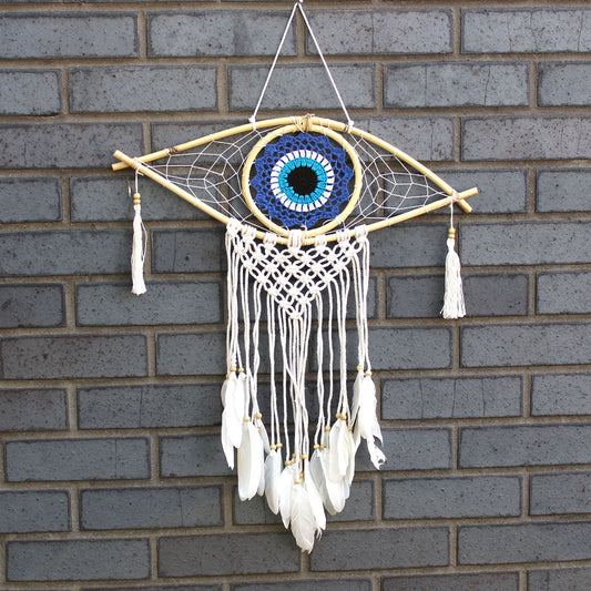 Handcrafted Macrame and Rattan Protection Dreamcatcher - Medium / Evil Eye / Blue, White and Black product packaging on clean background from Quintessential Holistic Health Ltd