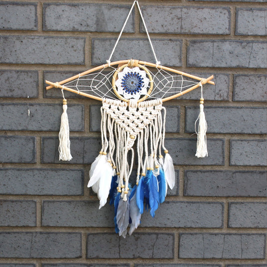 Handcrafted Macrame and Rattan Protection Dreamcatcher - Small / Evil Eye / Random Colours product packaging on clean background from Quintessential Holistic Health Ltd