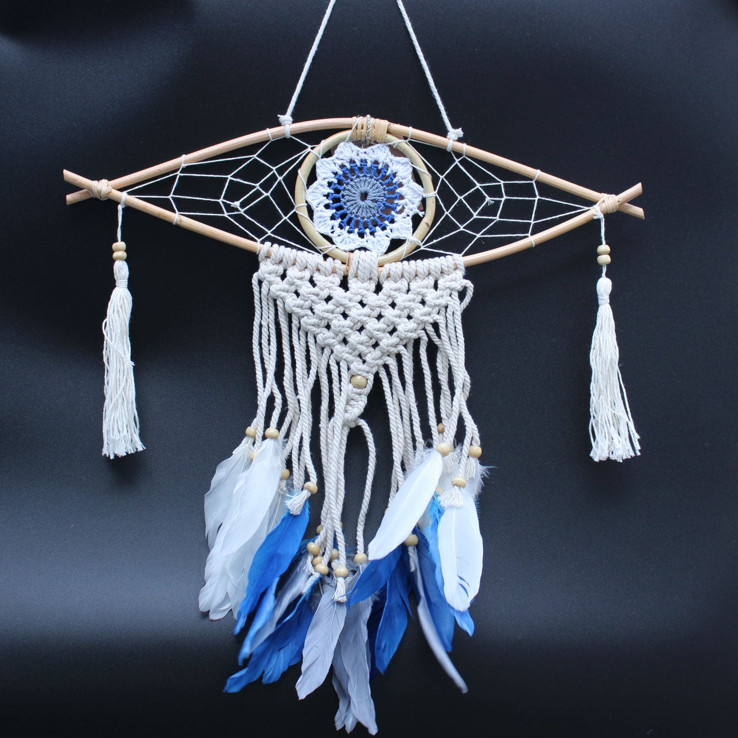 Handcrafted Macrame and Rattan Protection Dreamcatcher - Small / Evil Eye / Random Colours product packaging on clean background from Quintessential Holistic Health Ltd