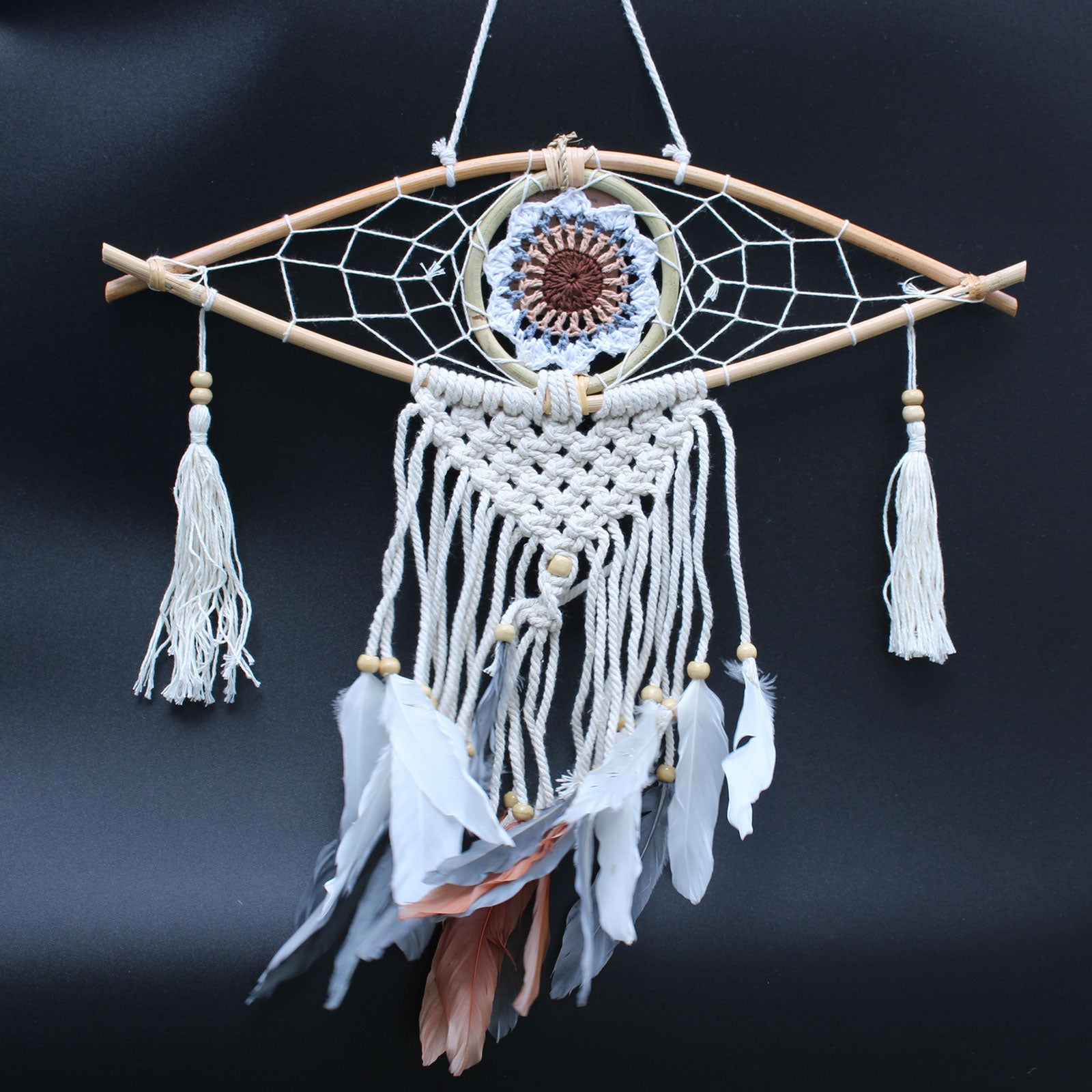 Handcrafted Macrame and Rattan Protection Dreamcatcher - Small / Evil Eye / Random Colours product packaging on clean background from Quintessential Holistic Health Ltd