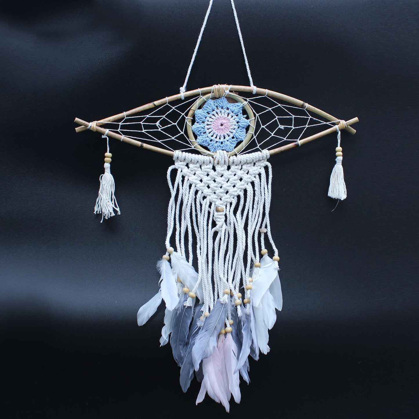 Handcrafted Macrame and Rattan Protection Dreamcatcher - Small / Evil Eye / Random Colours product packaging on clean background from Quintessential Holistic Health Ltd