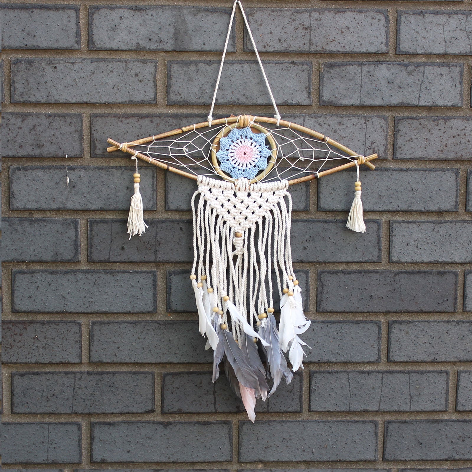 Handcrafted Macrame and Rattan Protection Dreamcatcher - Small / Evil Eye / Random Colours product packaging on clean background from Quintessential Holistic Health Ltd