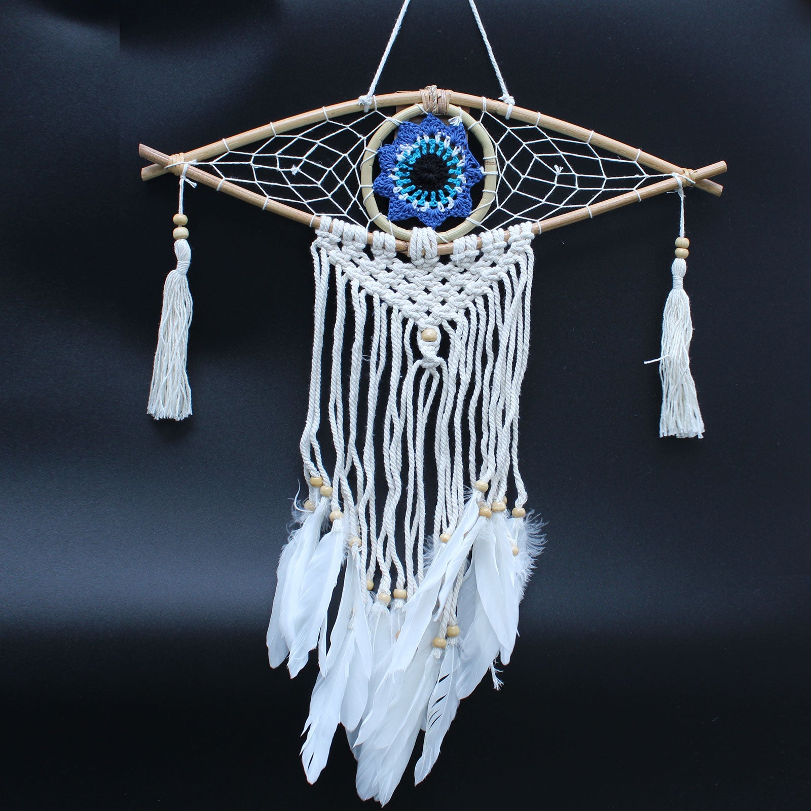 Handcrafted Macrame and Rattan Protection Dreamcatcher - Small / Evil Eye / Random Colours product packaging on clean background from Quintessential Holistic Health Ltd
