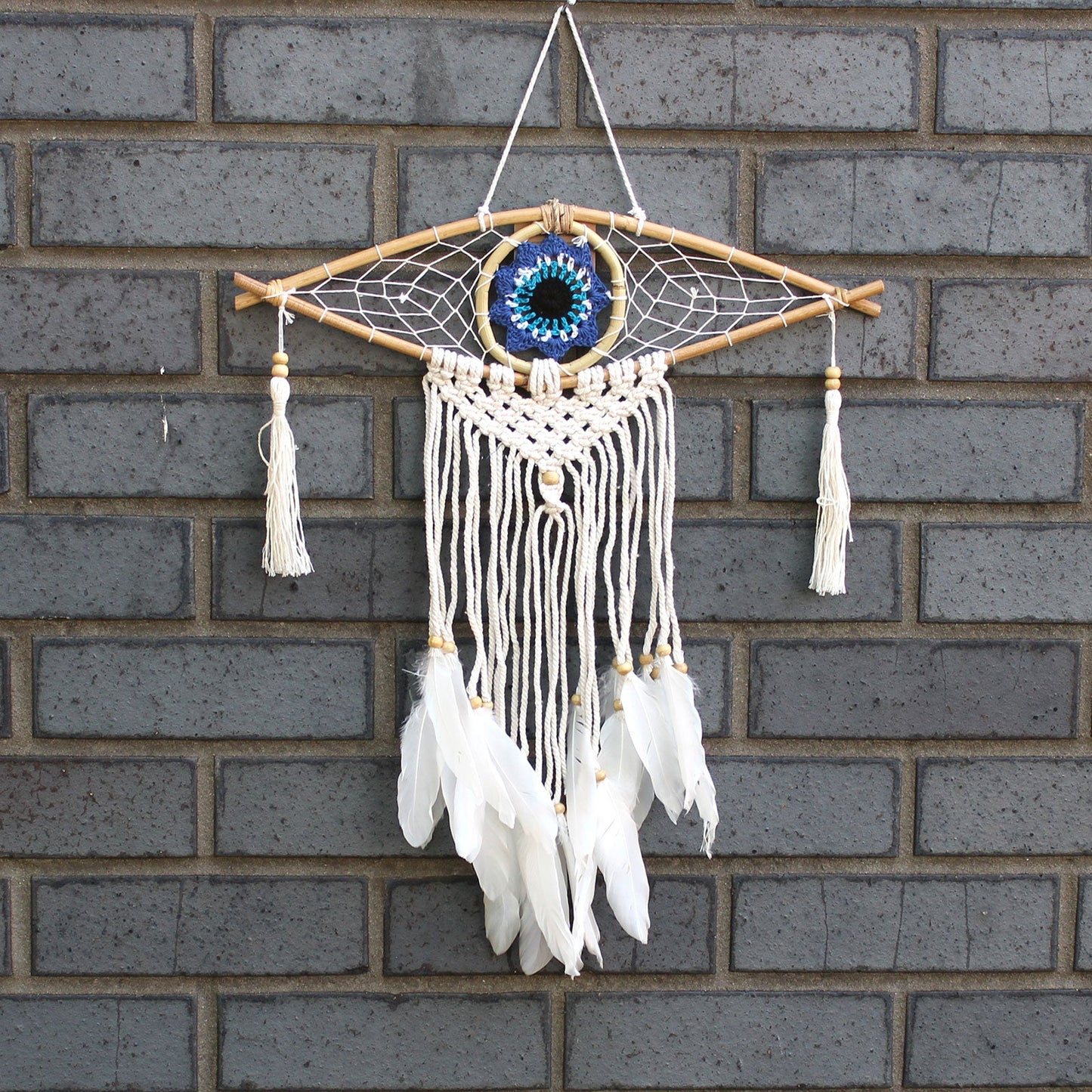 Handcrafted Macrame and Rattan Protection Dreamcatcher - Small / Evil Eye / Random Colours product packaging on clean background from Quintessential Holistic Health Ltd