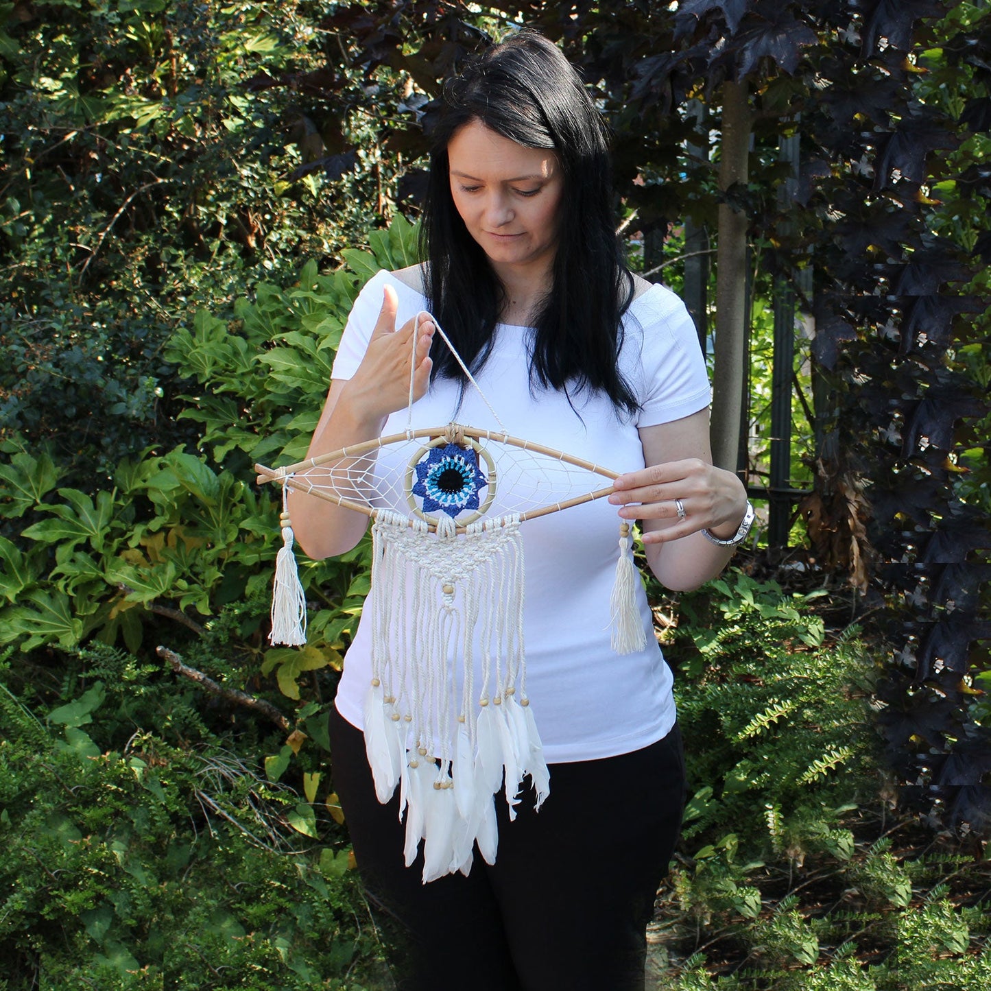 Handcrafted Macrame and Rattan Protection Dreamcatcher - Small / Evil Eye / Random Colours product packaging on clean background from Quintessential Holistic Health Ltd