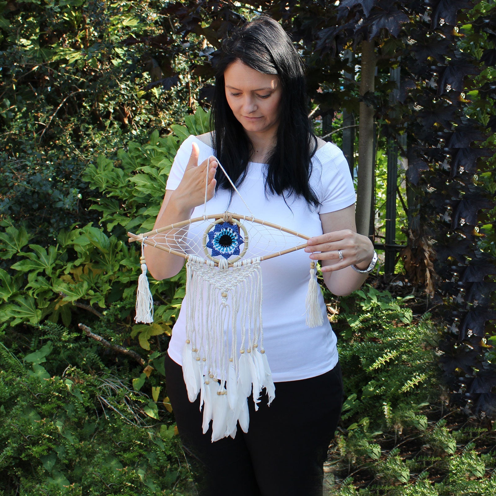 Handcrafted Macrame and Rattan Protection Dreamcatcher - Small / Evil Eye / Random Colours product packaging on clean background from Quintessential Holistic Health Ltd