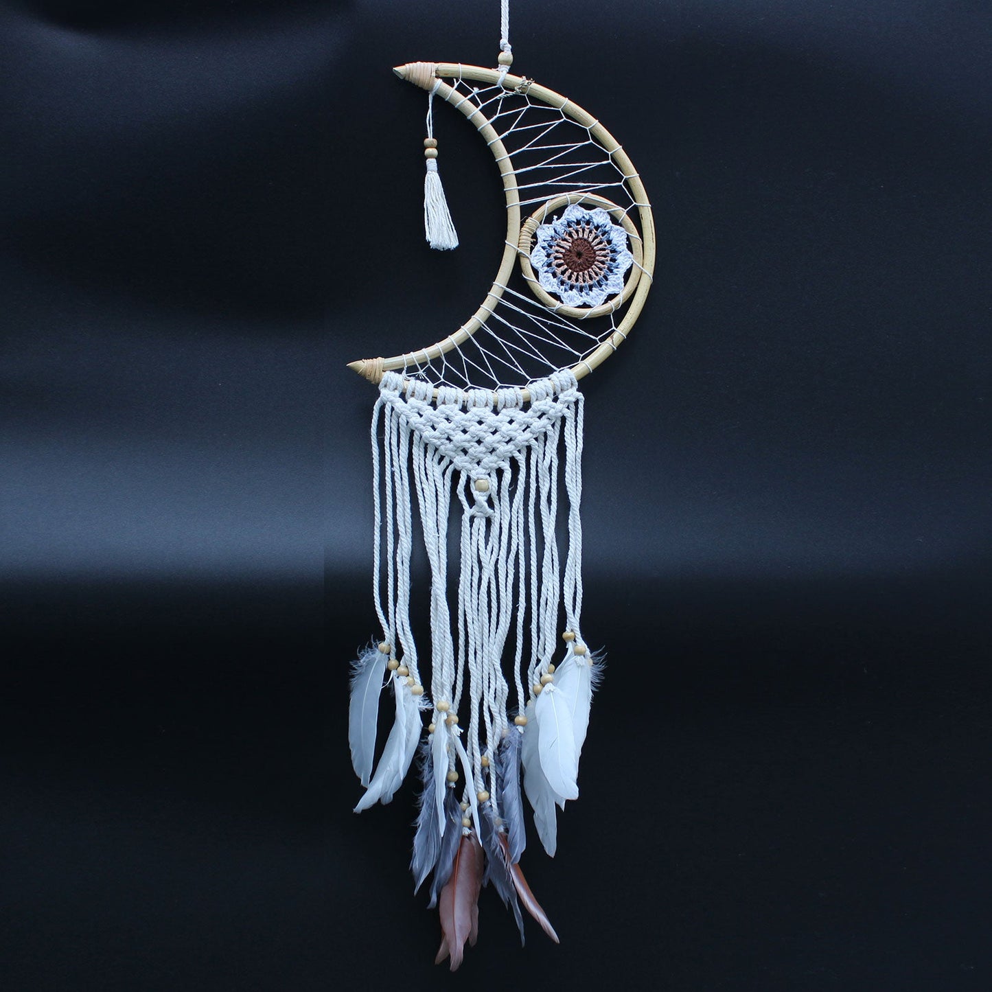 Handcrafted Macrame and Rattan Protection Dreamcatcher - Small / Moon / Random Colours product packaging on clean background from Quintessential Holistic Health Ltd