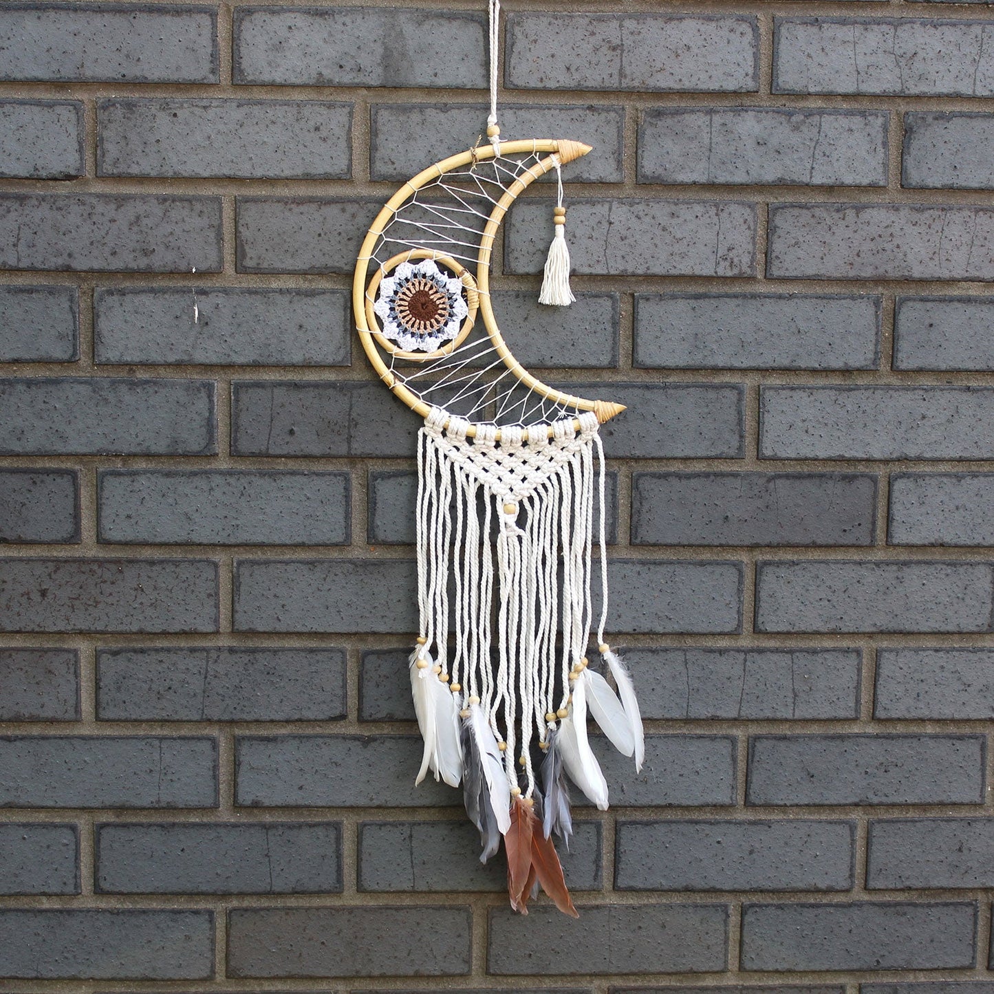 Handcrafted Macrame and Rattan Protection Dreamcatcher - Small / Moon / Random Colours product packaging on clean background from Quintessential Holistic Health Ltd