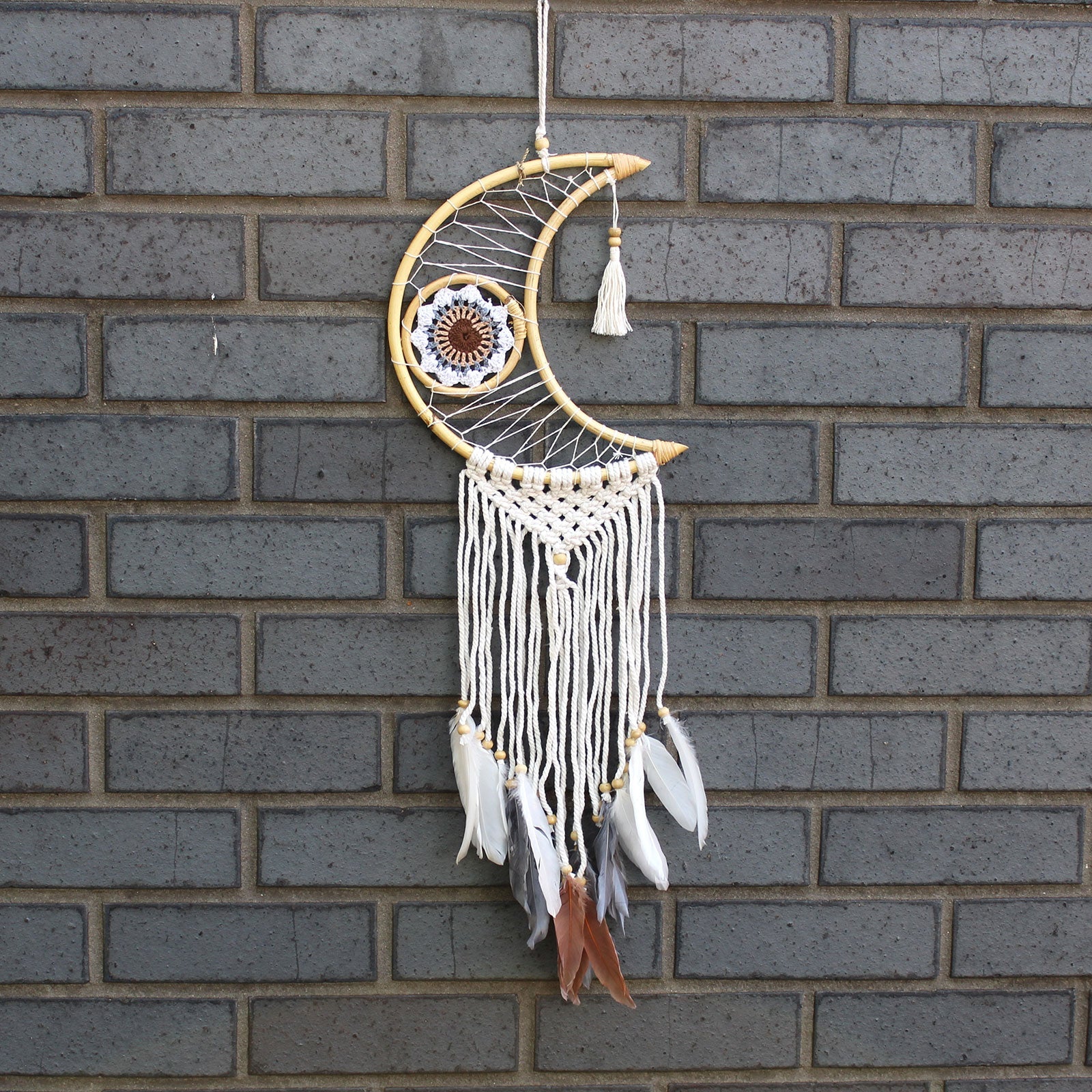 Handcrafted Macrame and Rattan Protection Dreamcatcher - Small / Moon / Random Colours product packaging on clean background from Quintessential Holistic Health Ltd
