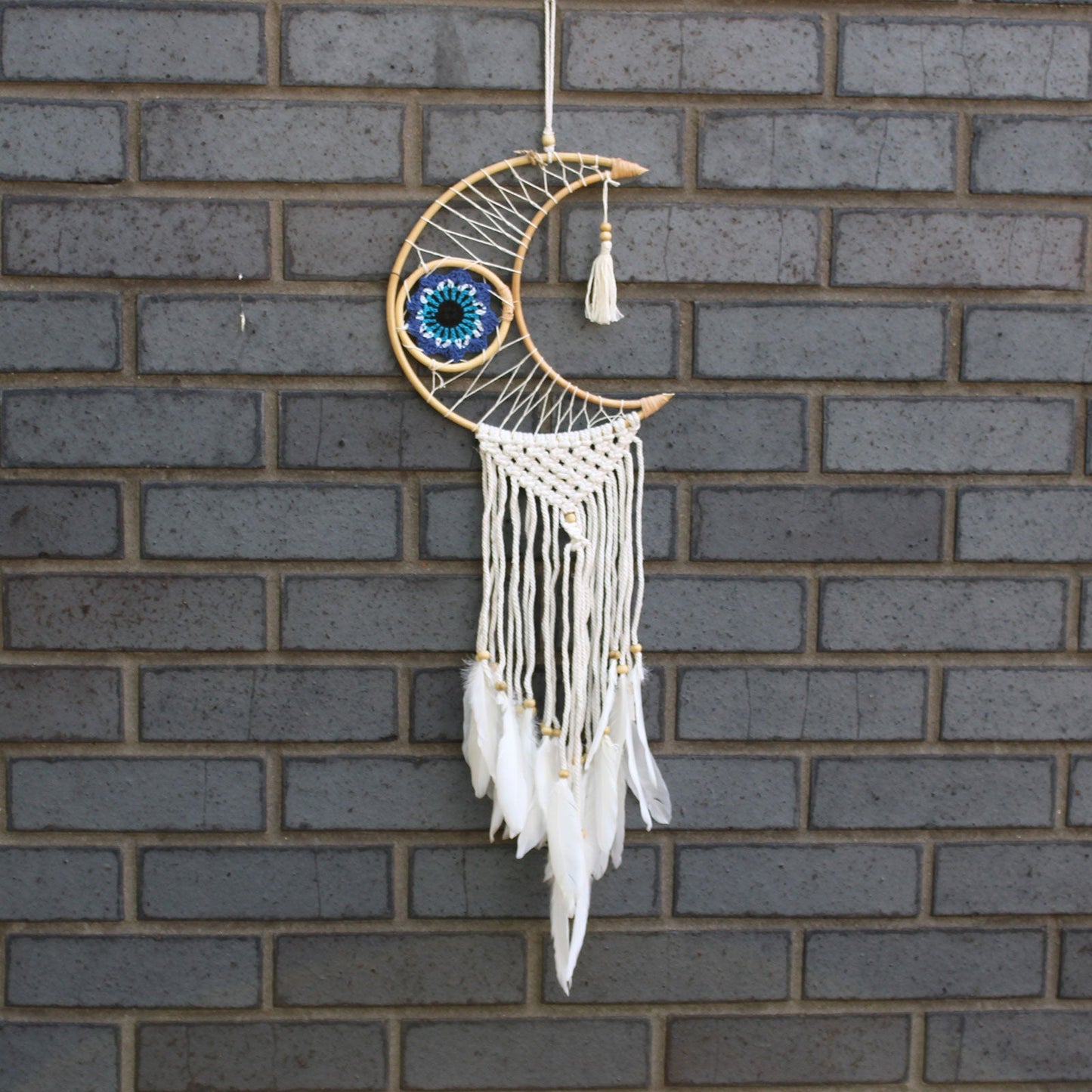 Handcrafted Macrame and Rattan Protection Dreamcatcher - Small / Moon / Random Colours product packaging on clean background from Quintessential Holistic Health Ltd