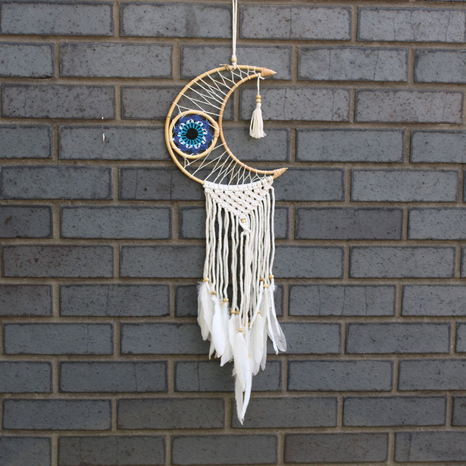 Handcrafted Macrame and Rattan Protection Dreamcatcher - Small / Moon / Random Colours product packaging on clean background from Quintessential Holistic Health Ltd