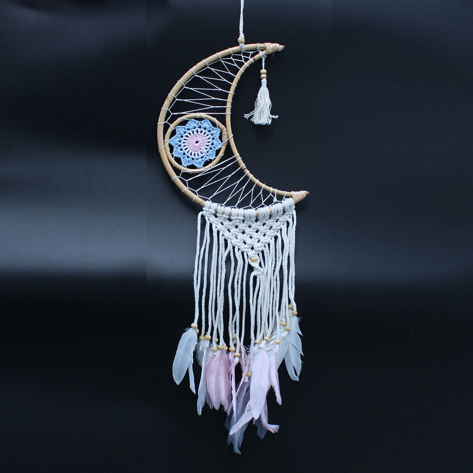 Handcrafted Macrame and Rattan Protection Dreamcatcher - Small / Moon / Random Colours product packaging on clean background from Quintessential Holistic Health Ltd