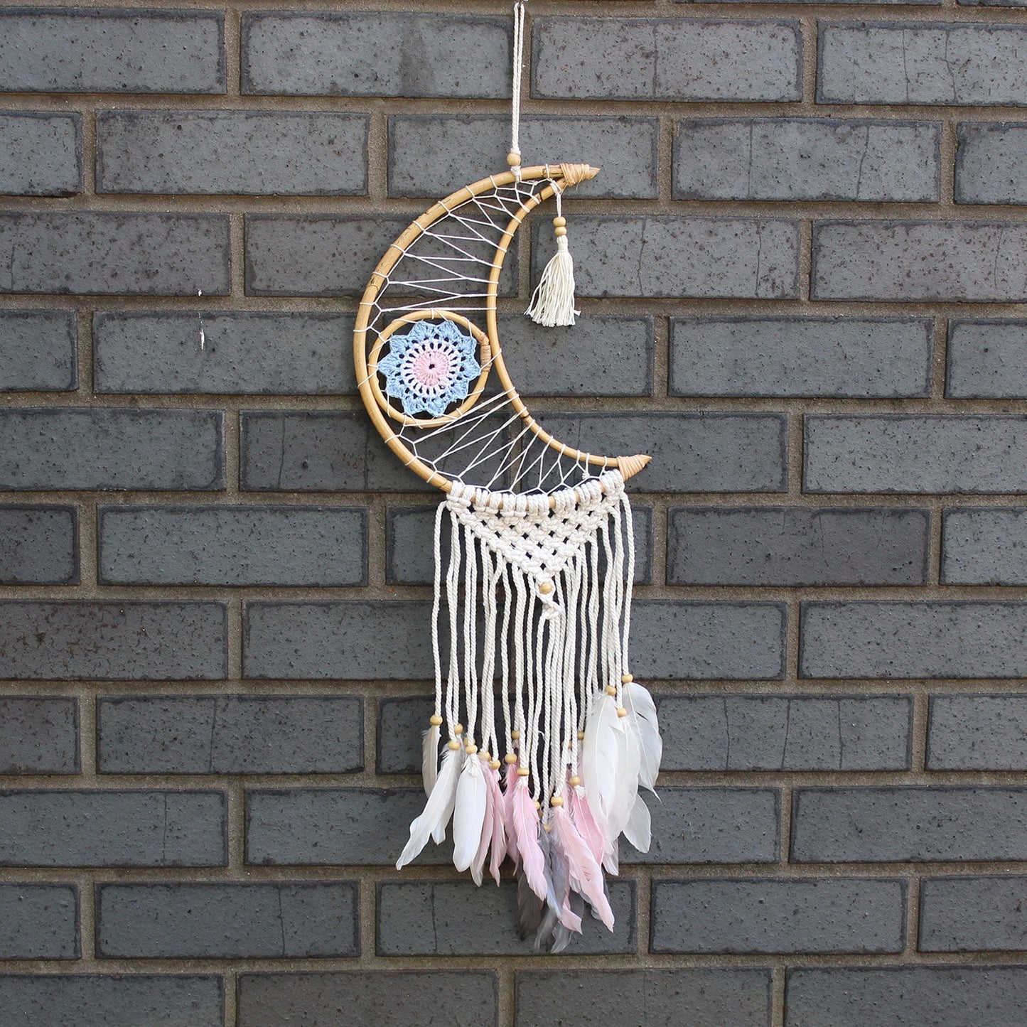 Handcrafted Macrame and Rattan Protection Dreamcatcher - Small / Moon / Random Colours product packaging on clean background from Quintessential Holistic Health Ltd