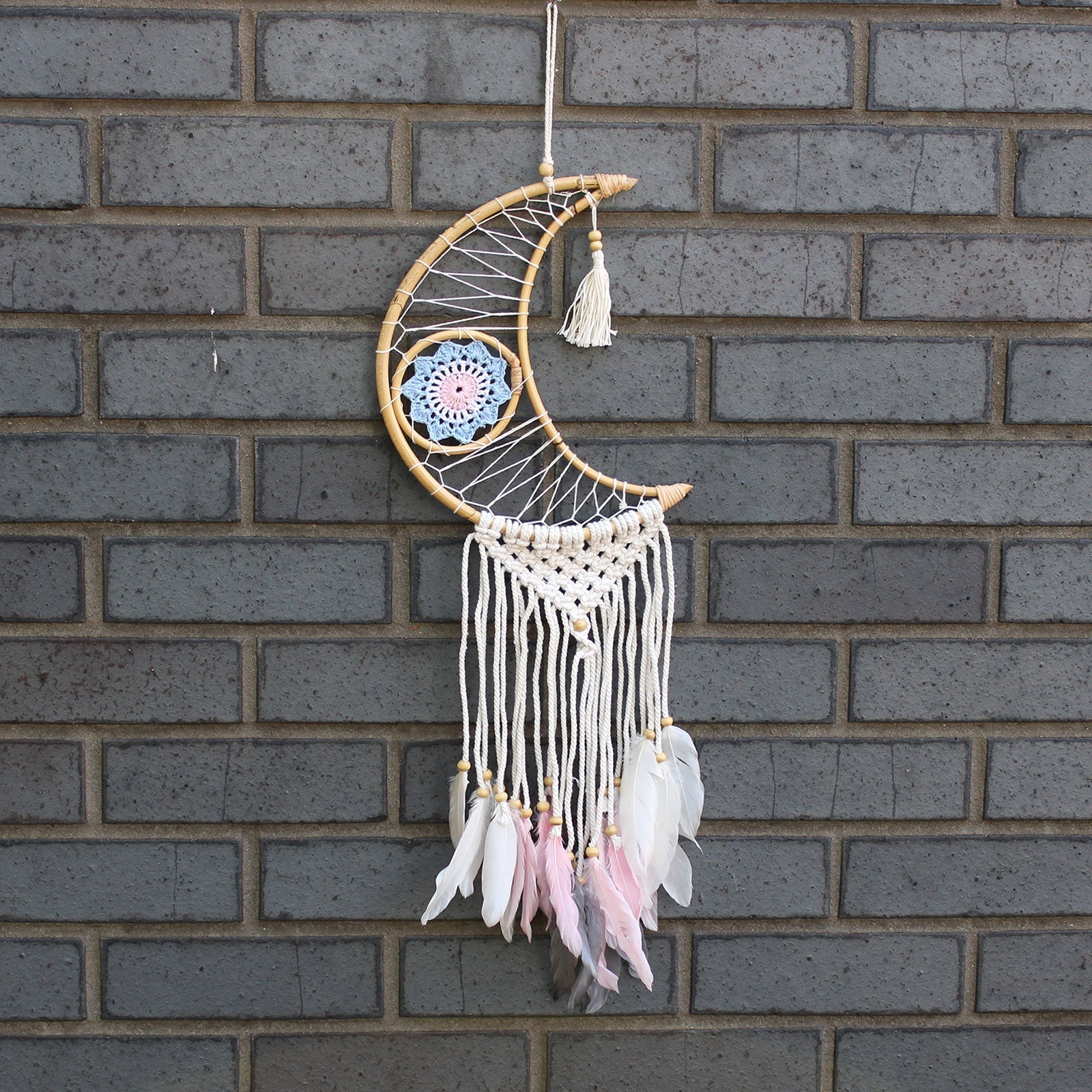 Handcrafted Macrame and Rattan Protection Dreamcatcher - Small / Moon / Random Colours product packaging on clean background from Quintessential Holistic Health Ltd