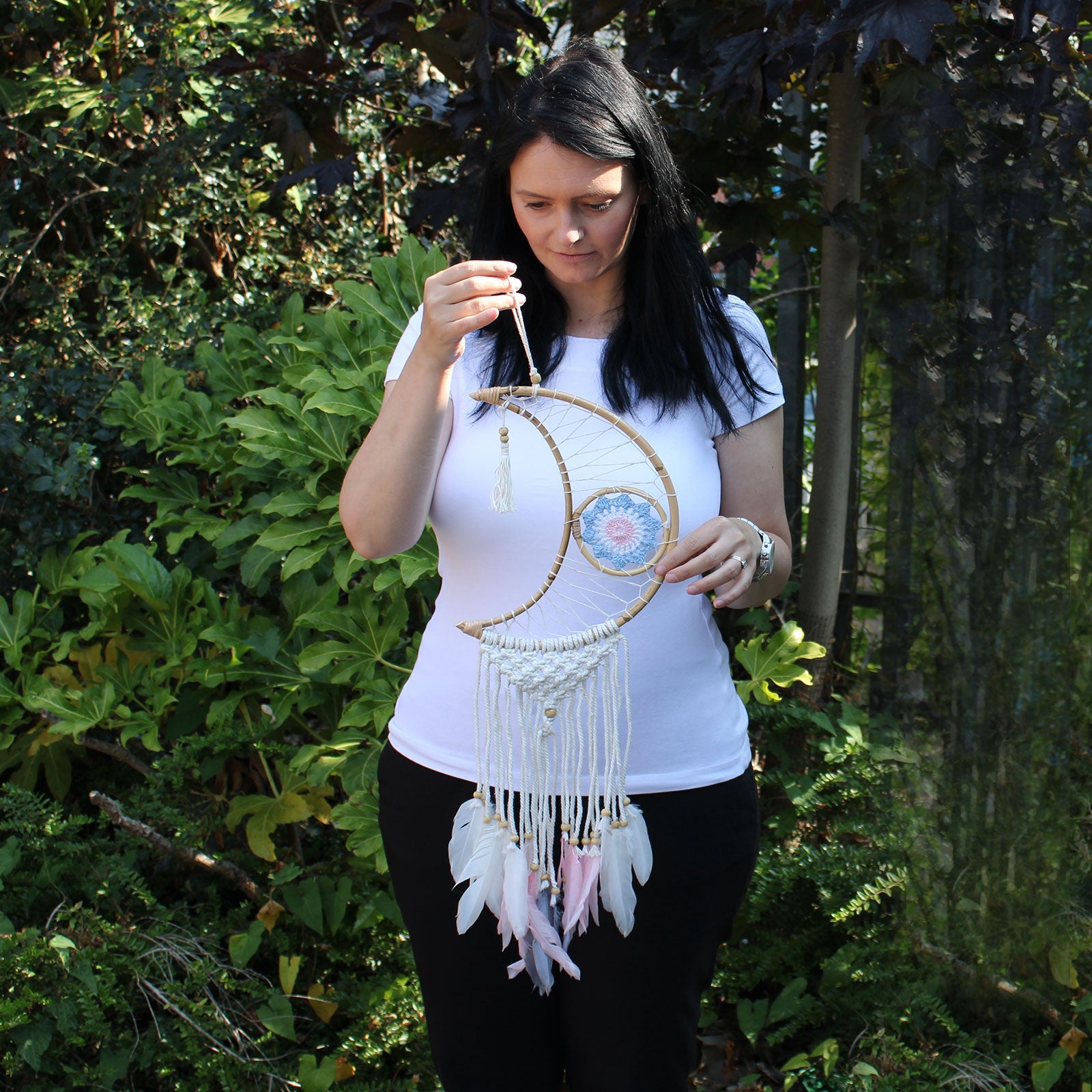 Handcrafted Macrame and Rattan Protection Dreamcatcher - Small / Moon / Random Colours product packaging on clean background from Quintessential Holistic Health Ltd