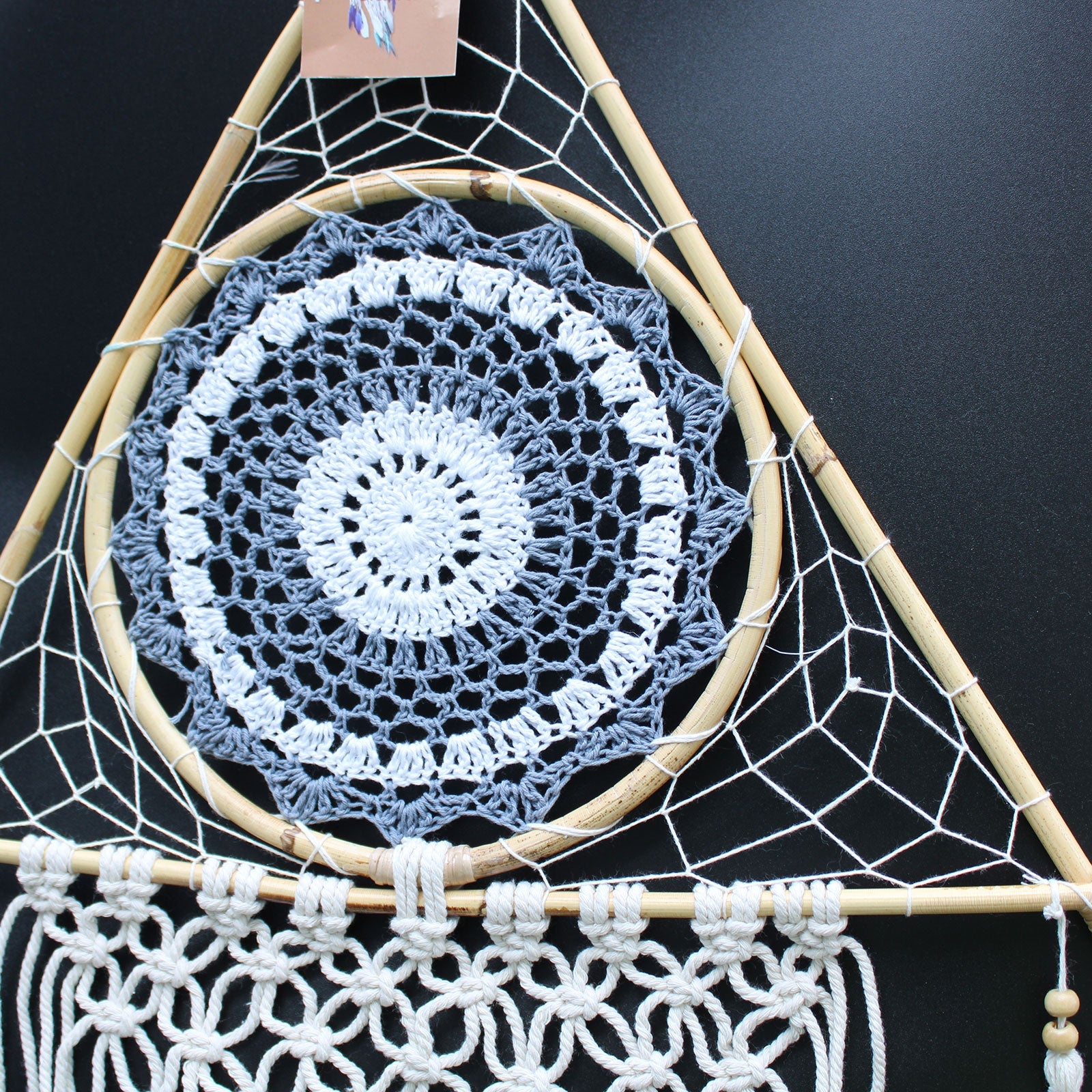 Handcrafted Macrame and Rattan Protection Dreamcatcher - Large / Pyramid / White and Grey product packaging on clean background from Quintessential Holistic Health Ltd