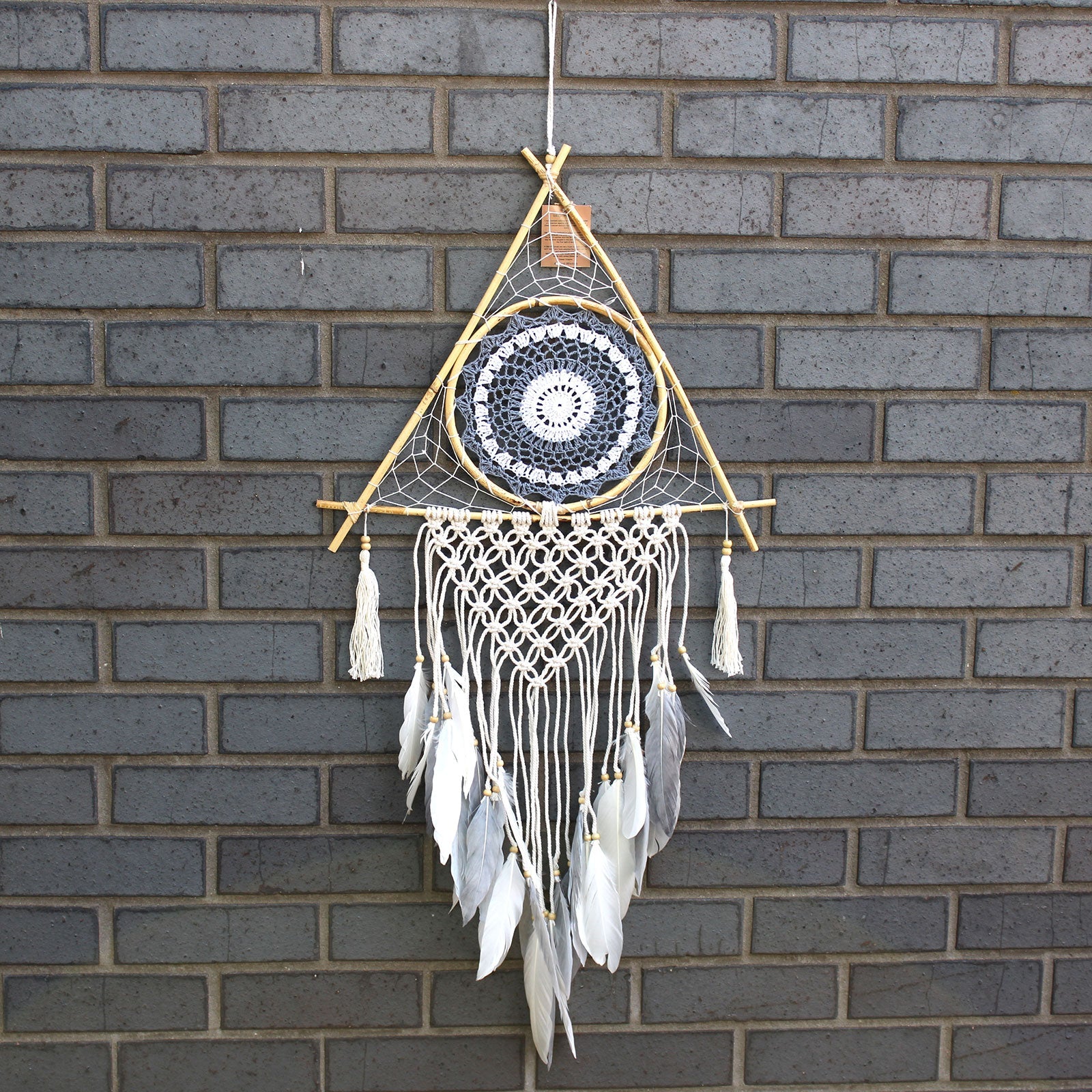 Handcrafted Macrame and Rattan Protection Dreamcatcher - Large / Pyramid / White and Grey product packaging on clean background from Quintessential Holistic Health Ltd