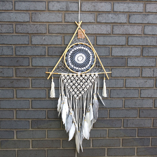 Handcrafted Macrame and Rattan Protection Dreamcatcher - Large / Pyramid / White and Grey product packaging on clean background from Quintessential Holistic Health Ltd