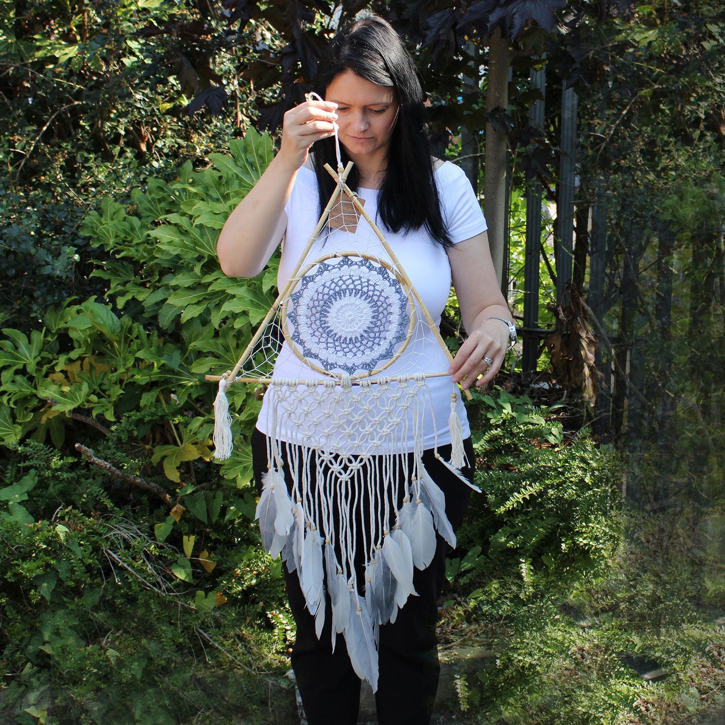 Handcrafted Macrame and Rattan Protection Dreamcatcher - Large / Pyramid / White and Grey product packaging on clean background from Quintessential Holistic Health Ltd